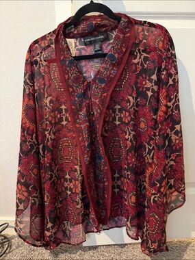 Colleen Lopez Burgundy and Black Printed Sheer Blouse